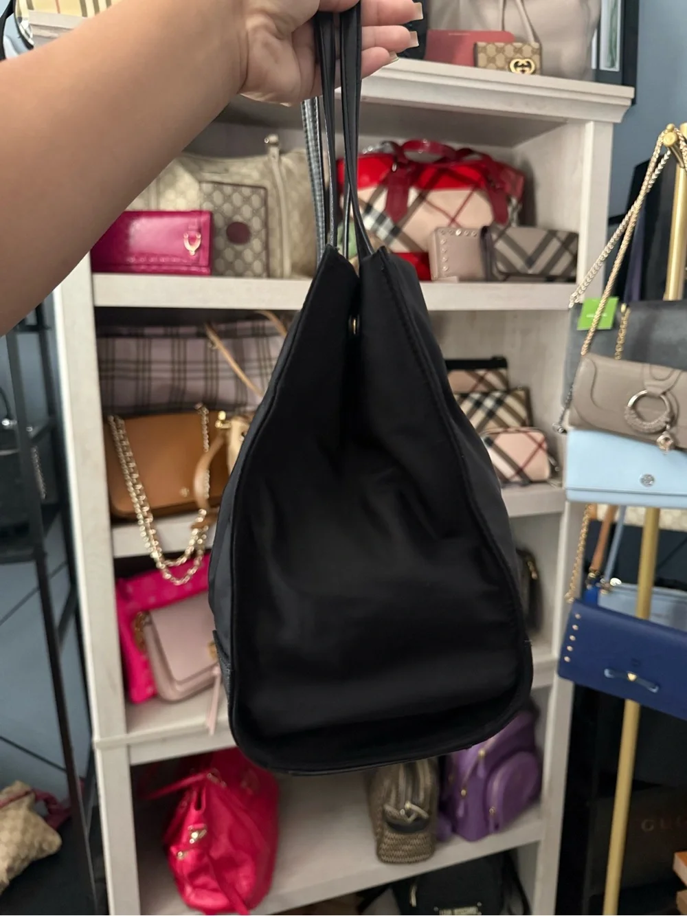 Tory Burch Black Nylon Logo Tote with Leather Trim